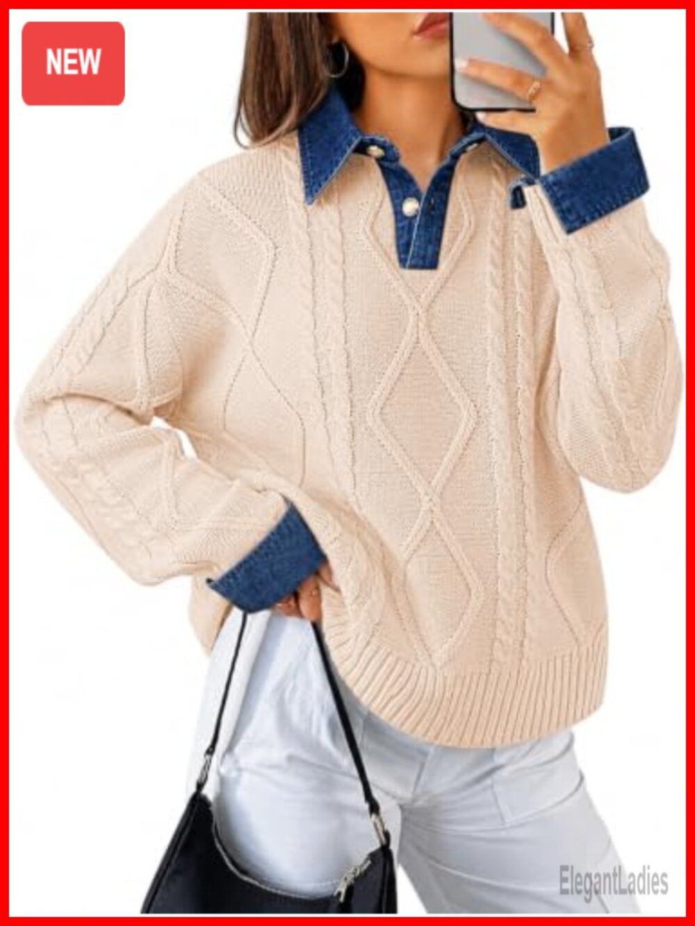 Cable Knit Denim Polo Pullover Sweater Button Down Collar V-Neck